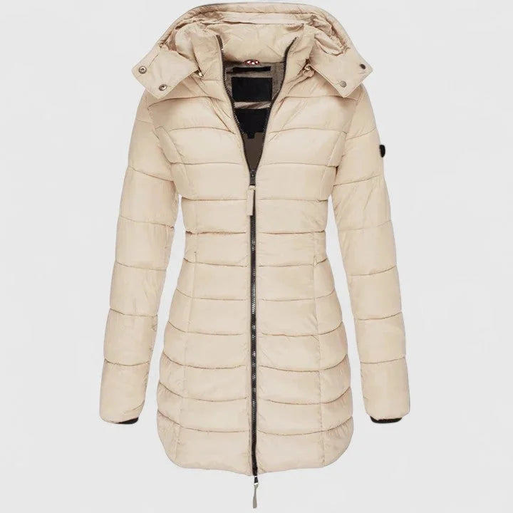 Women's quilted zip-up hood puffer coat with ribbed cuffs – Khaki