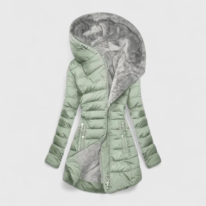Women's quilted zip-up hood puffer coat with faux fur lining – Light Green