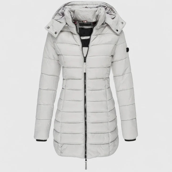 Women's quilted zip-up hood puffer coat with ribbed cuffs – Light Grey