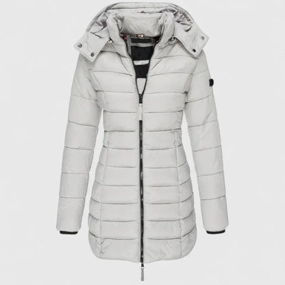 Women's quilted zip-up hood puffer coat with ribbed cuffs – Light Grey