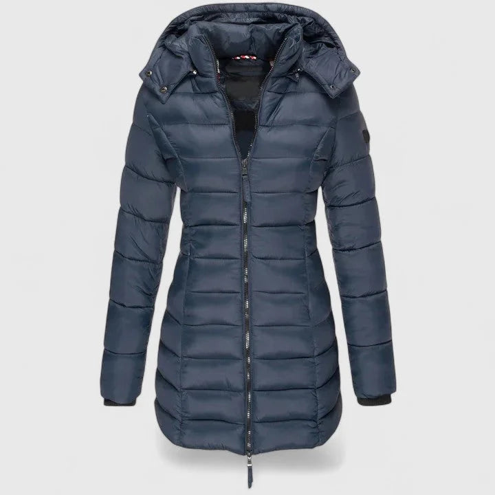 Women's quilted zip-up hood puffer coat with ribbed cuffs – Navy Blue