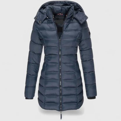 Women's quilted zip-up hood puffer coat with ribbed cuffs – Navy Blue