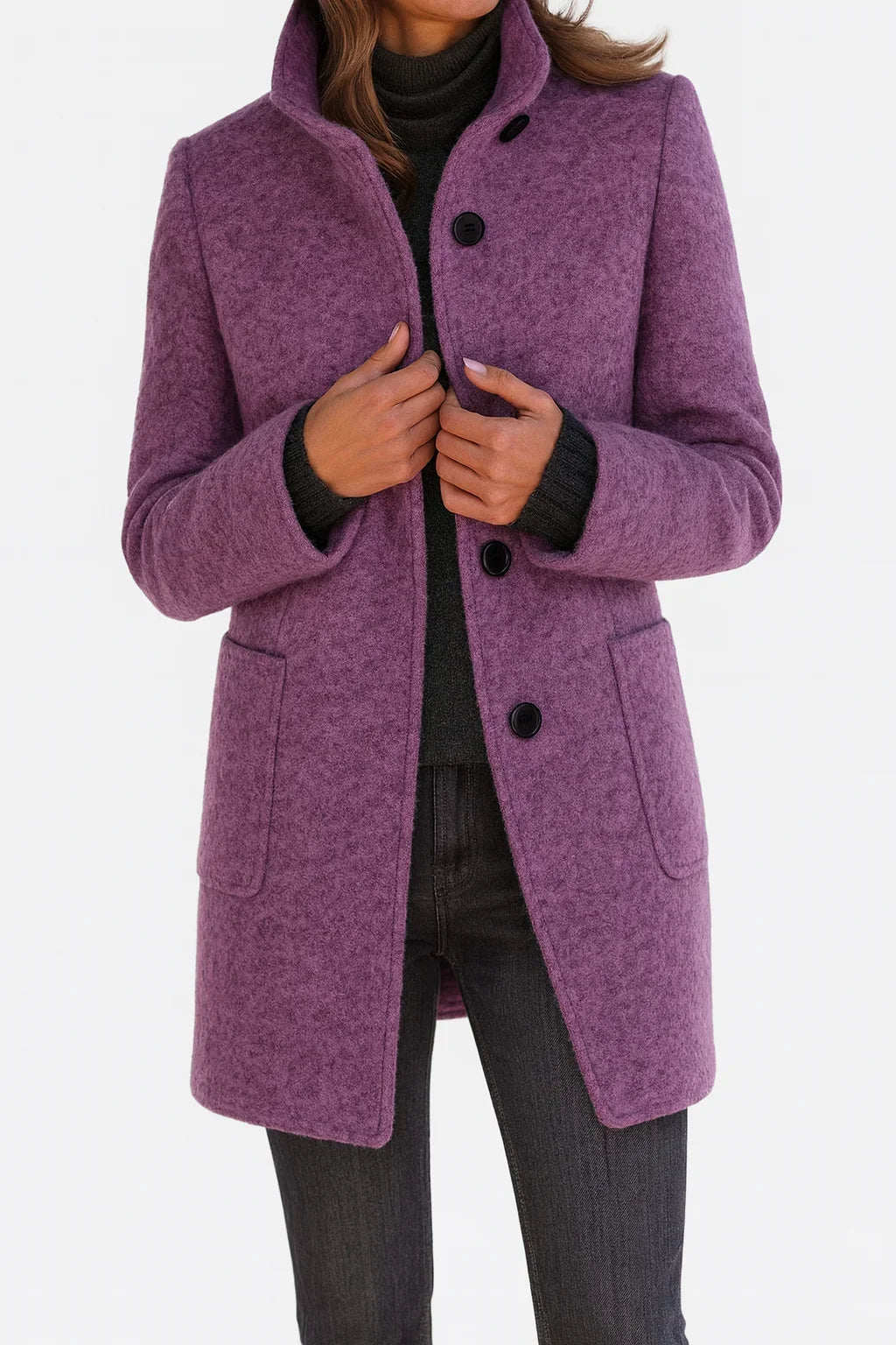 Women's button-front stand collar wool coat with patch pockets – Purple