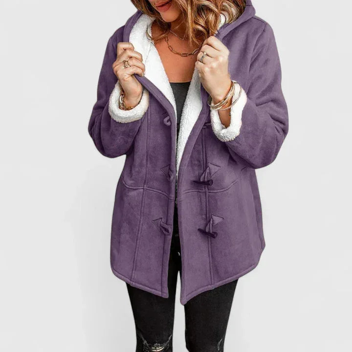 Women's suede toggle hood sherpa lined jacket with front – Purple