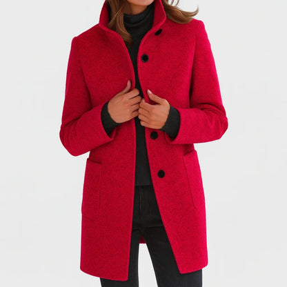 Women's button-front stand collar wool coat with patch pockets – Red