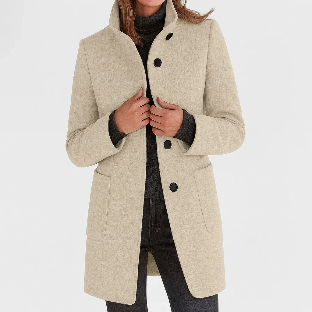 Women's button-front stand collar wool coat with patch pockets – Sand