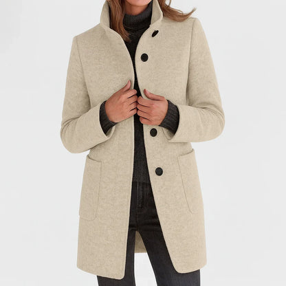 Women's button-front stand collar wool coat with patch pockets – Sand
