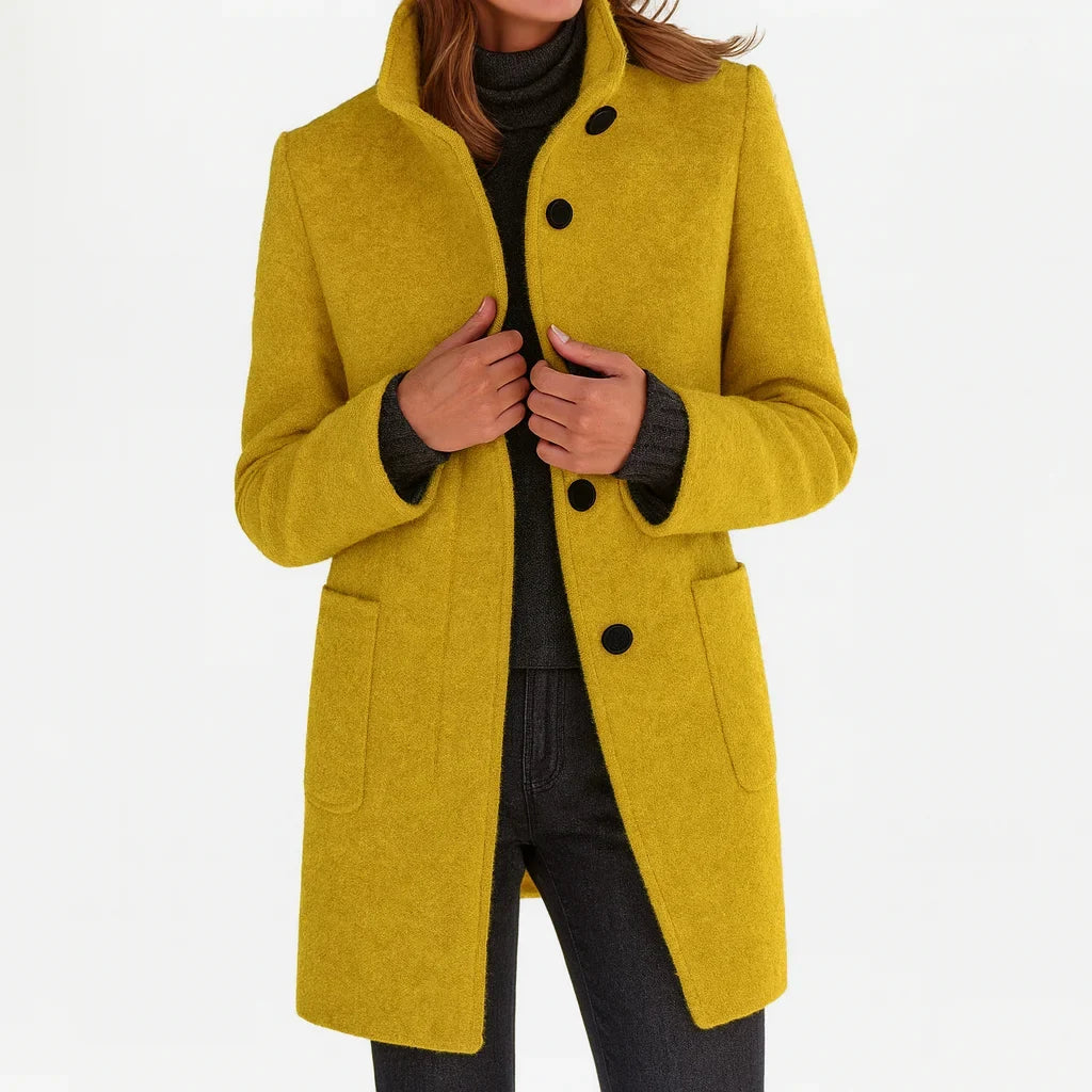 Women's button-front stand collar wool coat with patch pockets – Yellow