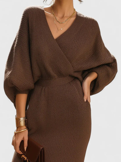 Women's knit wrap V-neck jumper dress with batwing sleeves – Brown