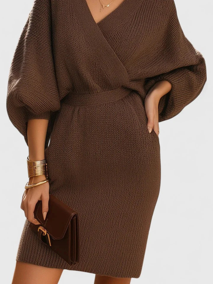 Women's knit wrap V-neck jumper dress with batwing sleeves – Brown