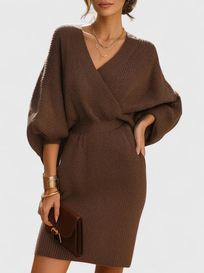 Women's knit wrap V-neck jumper dress with batwing sleeves – Brown