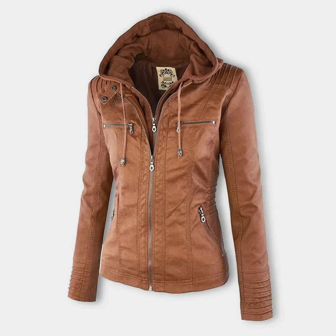 Women's zip-up hood leather jacket with zippered pockets