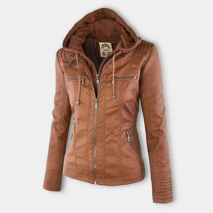 Women's zip-up hood leather jacket with zippered pockets