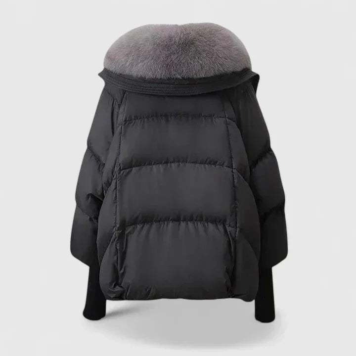 Women's quilted toggle collared puffer jacket with faux fur