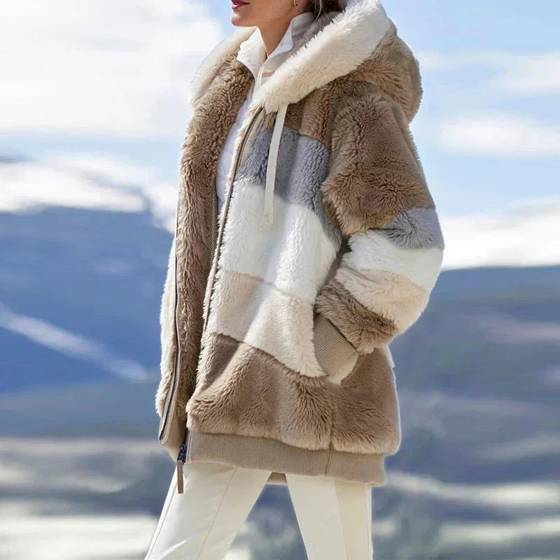 Women's colourblock borg zip-up long coat with ribbed cuffs