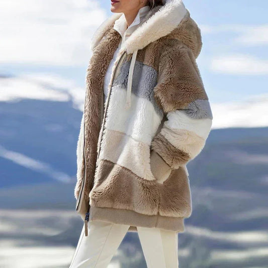 Women's colourblock borg zip-up long coat with ribbed cuffs