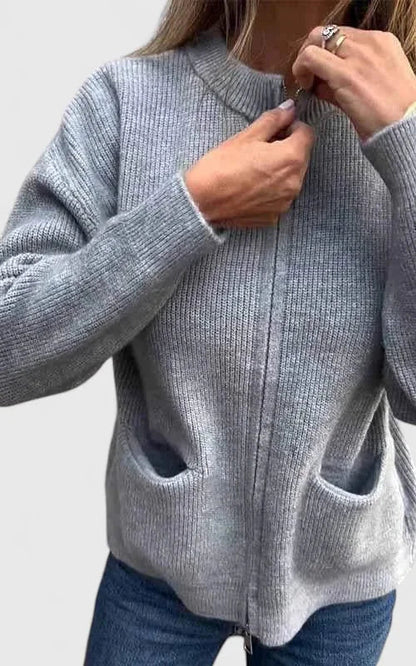 Women's ribbed zip-up stand collar cardigan with front patch pockets
