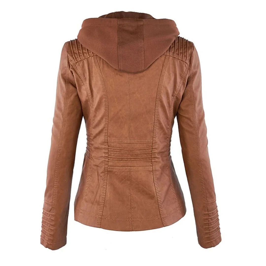 Women's zip-up hood leather jacket with zippered pockets