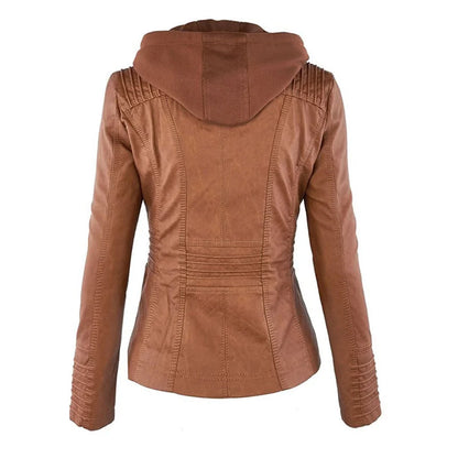 Women's zip-up hood leather jacket with zippered pockets