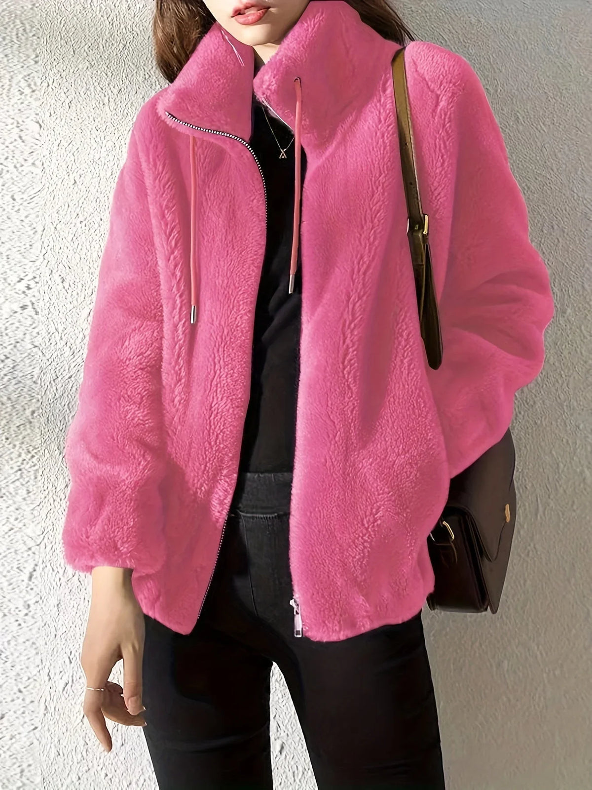 Women's borg zip-up stand collar jacket with drawstring