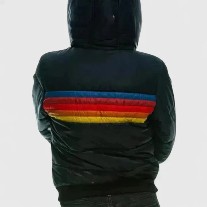 Women's striped quilted zip-up puffer jacket with rainbow stripes