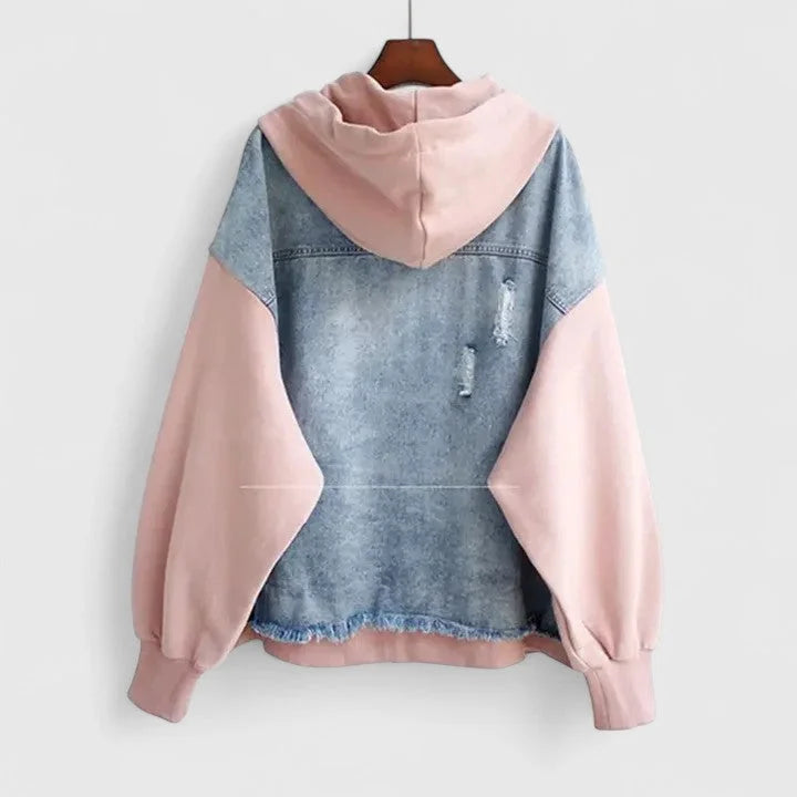 Women's colourblock zip-up hood denim jacket with contrast sleeves