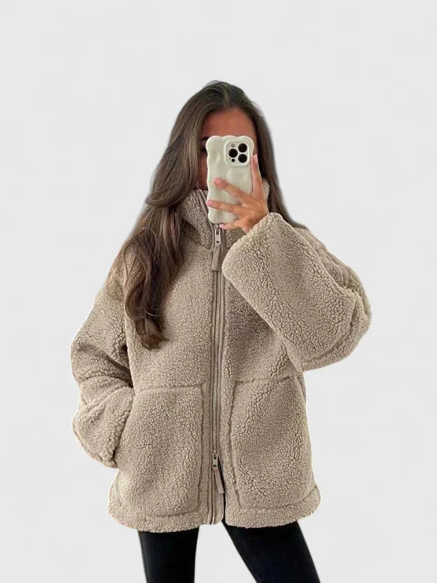 Women's borg zip-up stand collar fleece jacket