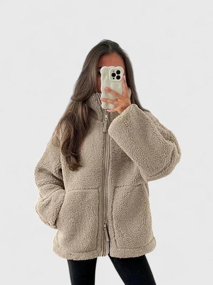 Women's borg zip-up stand collar fleece jacket