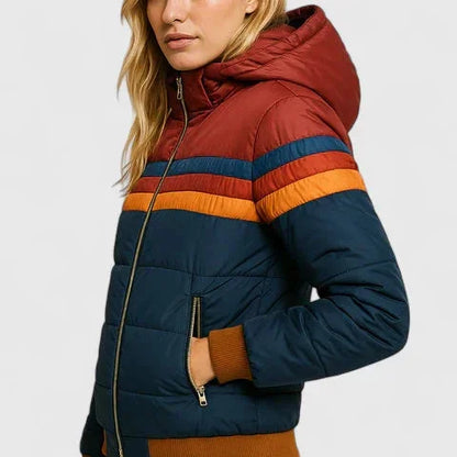 Women's striped quilted zip-up puffer jacket with rainbow stripes