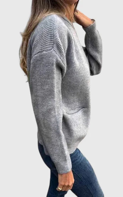 Women's ribbed zip-up stand collar cardigan with front patch pockets