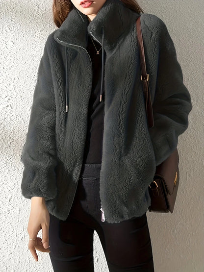 Women's borg zip-up stand collar jacket with drawstring