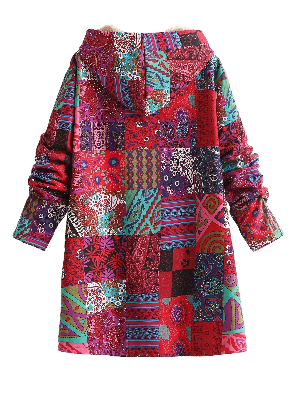 Women's borg button-front hood parka with patchwork print