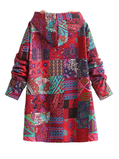 Women's borg button-front hood parka with patchwork print