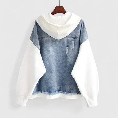 Women's colourblock zip-up hood denim jacket with contrast sleeves