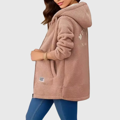 Women's borg zip-up hood long coat with drawstring
