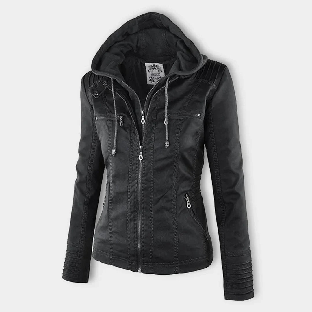 Women's zip-up hood leather jacket with zippered pockets
