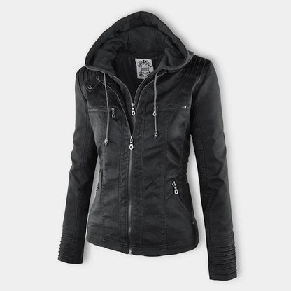 Women's zip-up hood leather jacket with zippered pockets