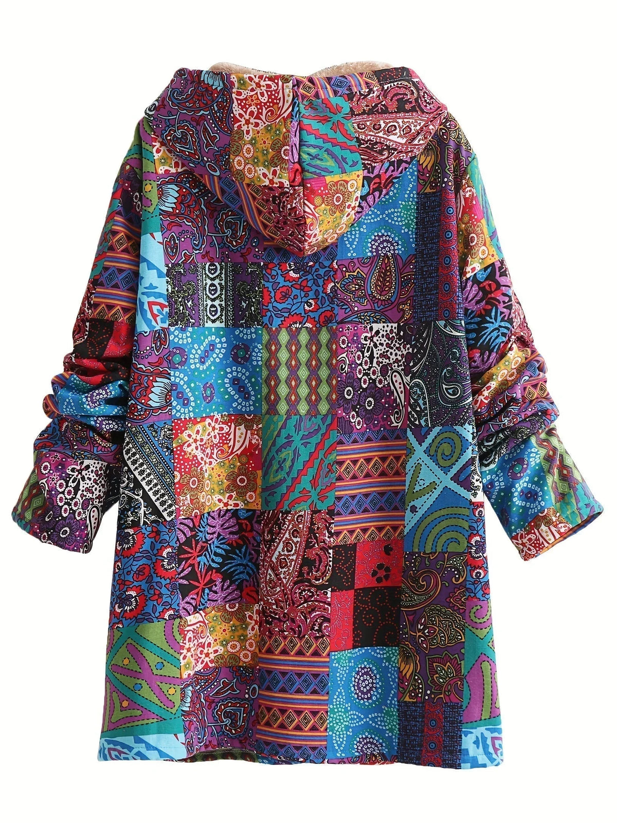 Women's borg button-front hood parka with patchwork print