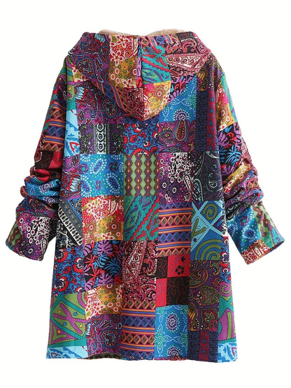 Women's borg button-front hood parka with patchwork print