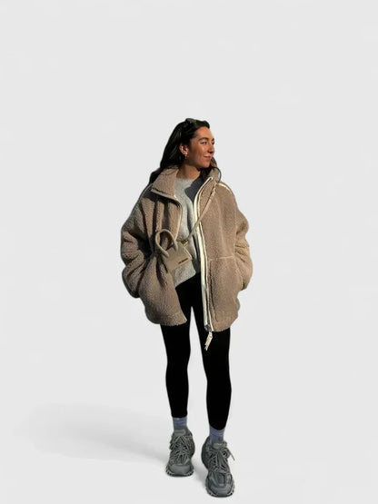Women's borg zip-up stand collar fleece jacket