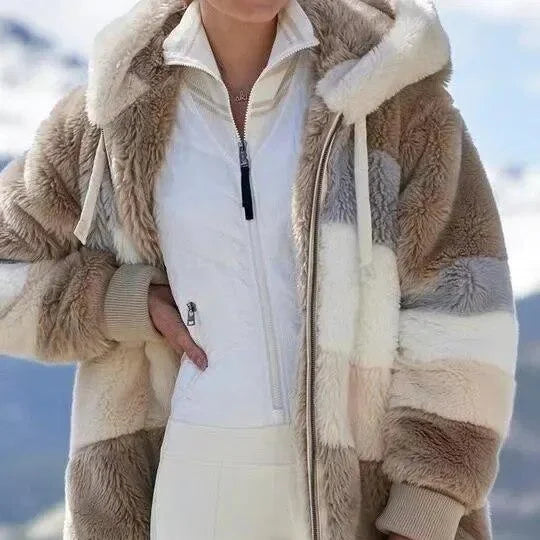 Women's colourblock borg zip-up long coat with ribbed cuffs