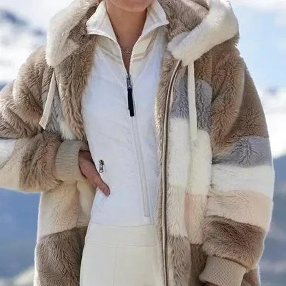 Women's colourblock borg zip-up long coat with ribbed cuffs