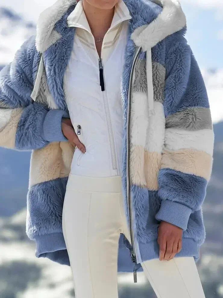 Women's colourblock borg zip-up long coat with ribbed cuffs
