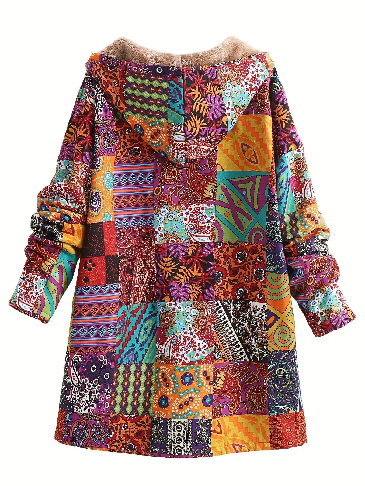 Women's borg button-front hood parka with patchwork print