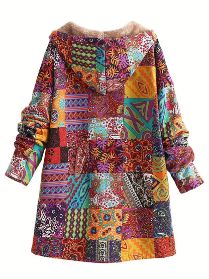 Women's borg button-front hood parka with patchwork print