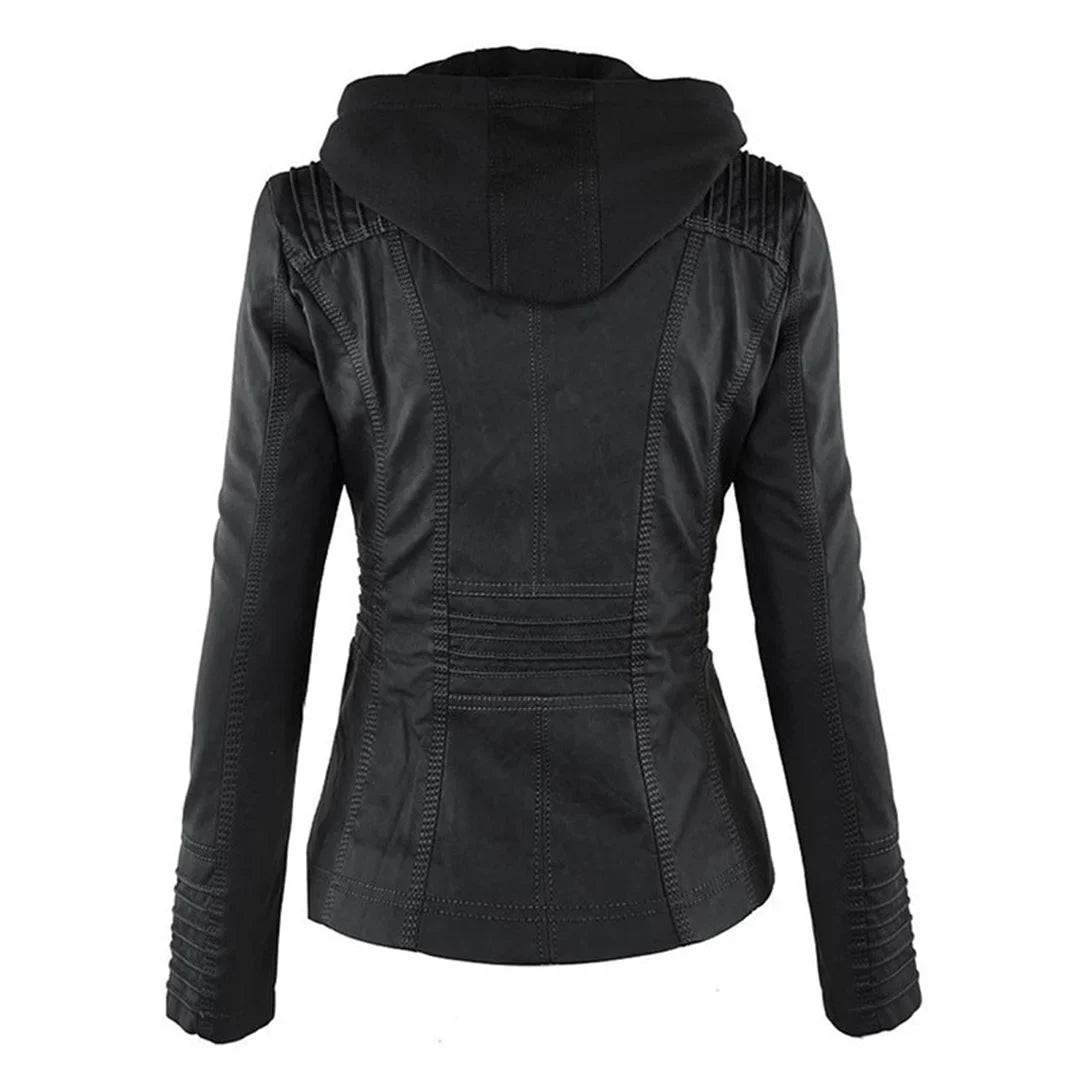 Women's zip-up hood leather jacket with zippered pockets
