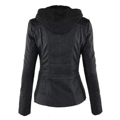 Women's zip-up hood leather jacket with zippered pockets
