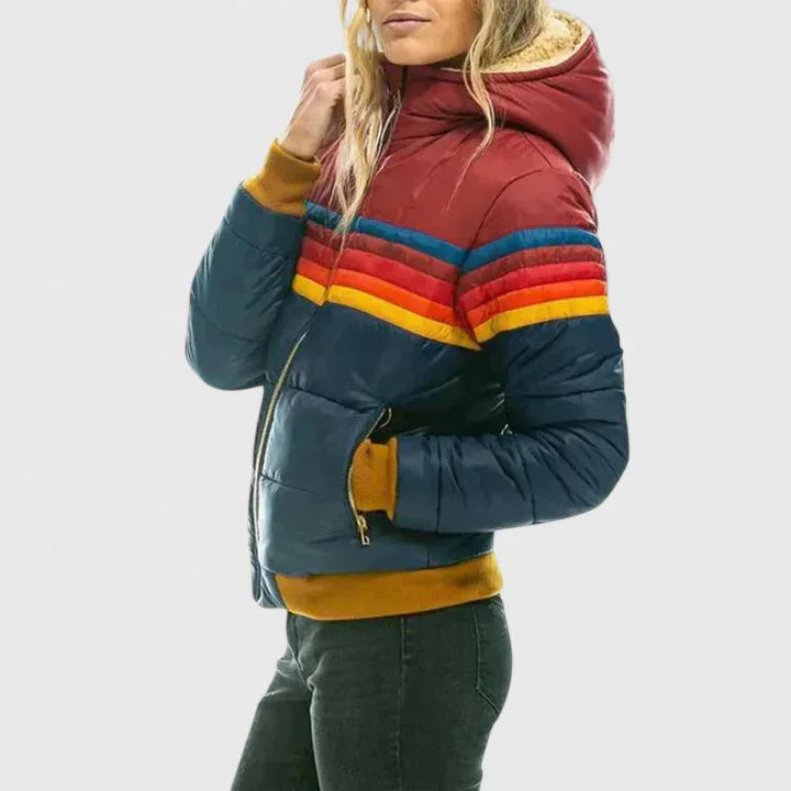 Women's striped quilted zip-up puffer jacket with rainbow stripes
