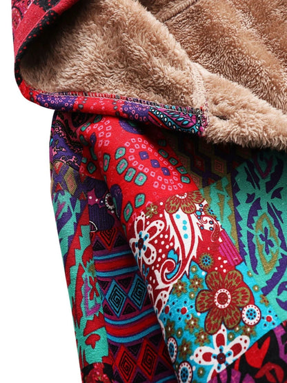 Women's borg button-front hood parka with patchwork print