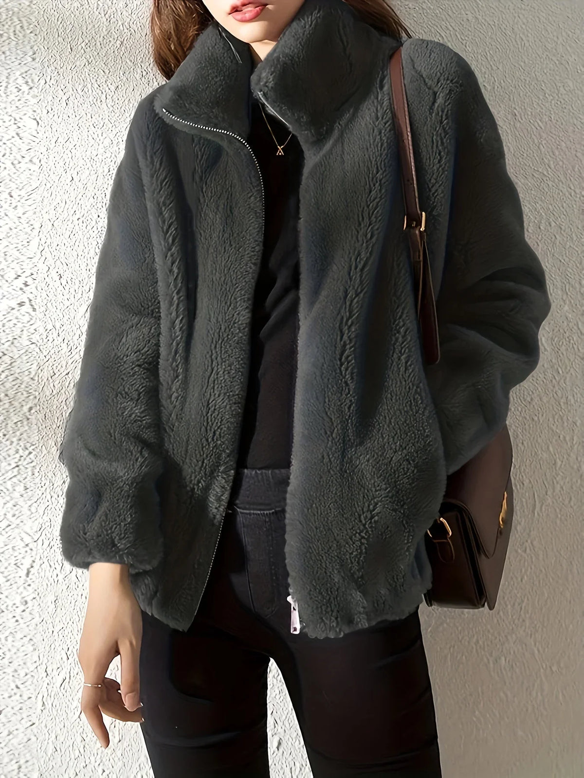 Women's borg zip-up stand collar jacket with drawstring